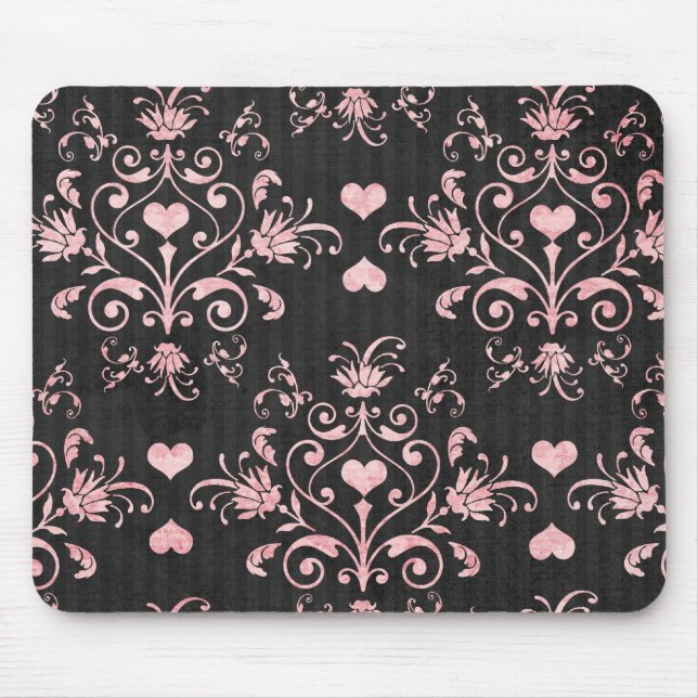 pretty heart pink damask on washed black mouse mat (Front)