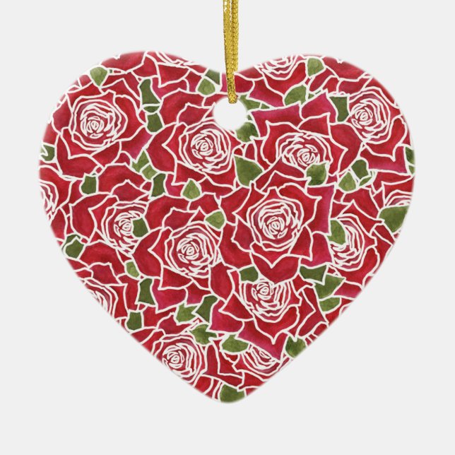 Pretty Heart-shaped Ornament: Red Roses Pattern Ceramic Tree Decoration (Front)