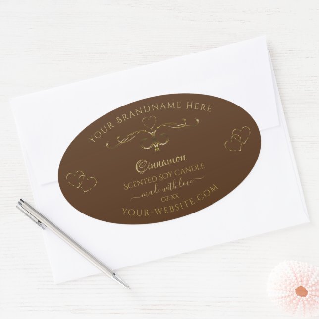 Pretty Hearts Decorative Gold Scrollwork on Brown  Oval Sticker (Envelope)