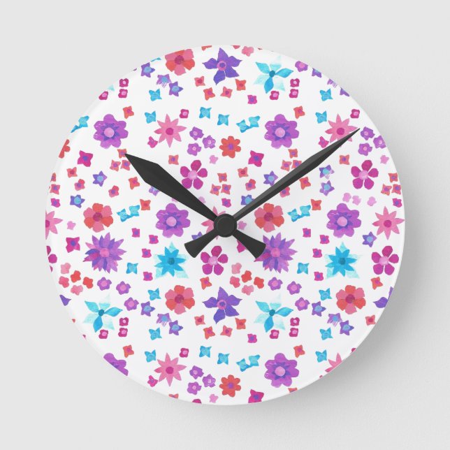 Pretty Hippy Flower-Power Floral Pattern on White Round Clock (Front)