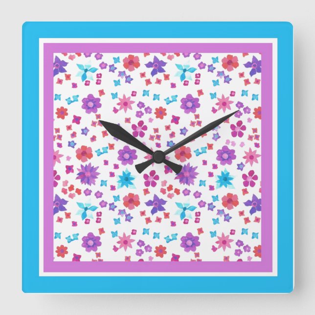 Pretty Hippy Flower-Power Floral Pattern on White Square Wall Clock (Front)