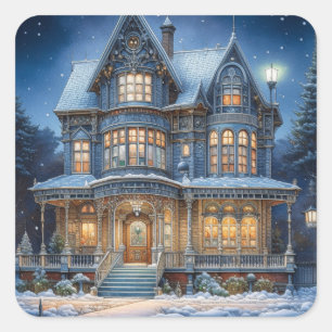 Pretty Holiday Christmas House  Square Sticker