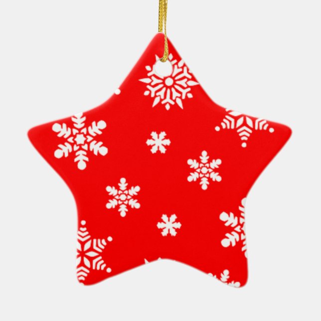 Pretty holiday snowflakes on red background ceramic tree decoration (Back)