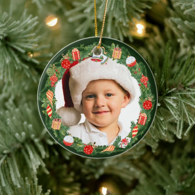 Pretty Holiday Wreath Photo Template Ceramic Tree Decoration (Tree)