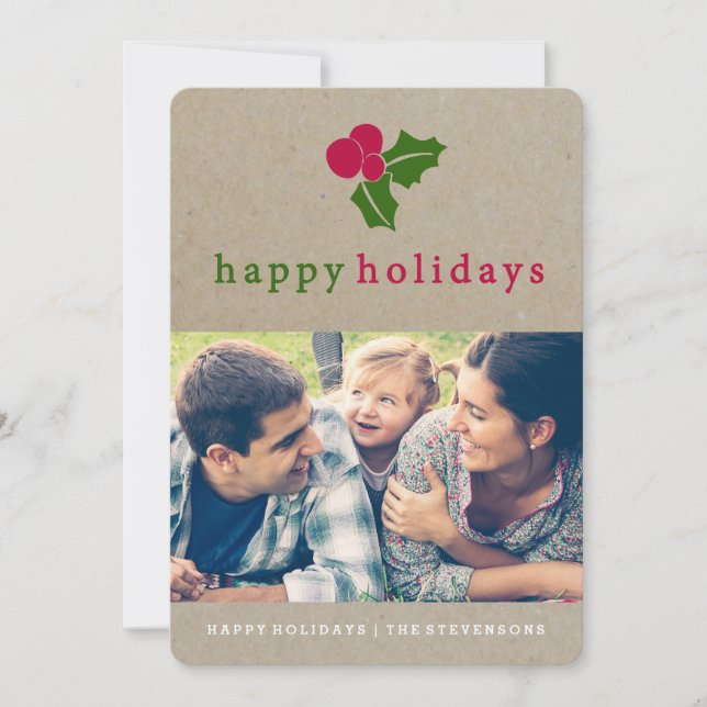 Pretty Holly Kraft Holiday Photo Card (Front)