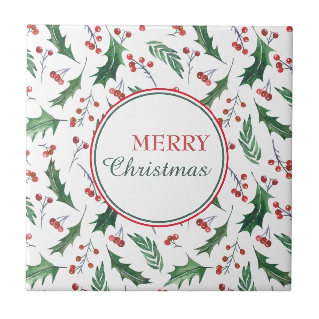 Pretty Holly Pattern Merry Christmas Tile (Front)