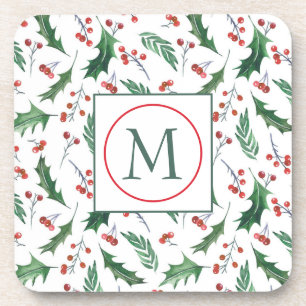 Pretty Holly Pattern Monogram Christmas Coaster