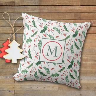 Pretty Holly Pattern Monogram Christmas Cushion