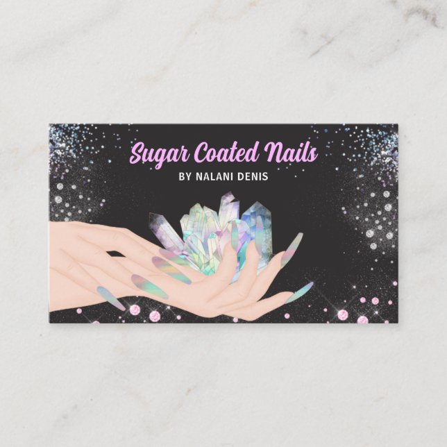 Pretty Holographic Crystal Glitter Nails Business  Card (Front)