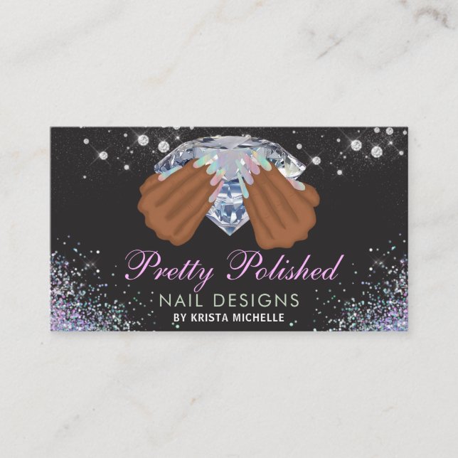 Pretty Holographic Diamond Glitter Nails Business Card (Front)