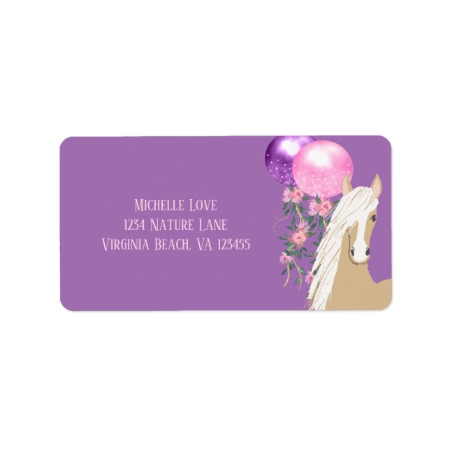 Pretty Horse and Balloons on Purple Address Label (Front)