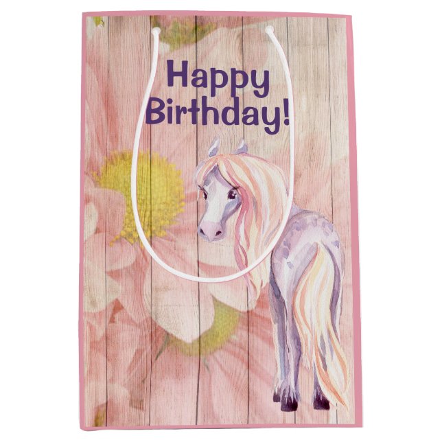 Pretty Horse and Daisies on Barn Wood Birthday Medium Gift Bag (Front)