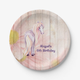 Pretty Horse and Daisies on Barn Wood Birthday Paper Plate
