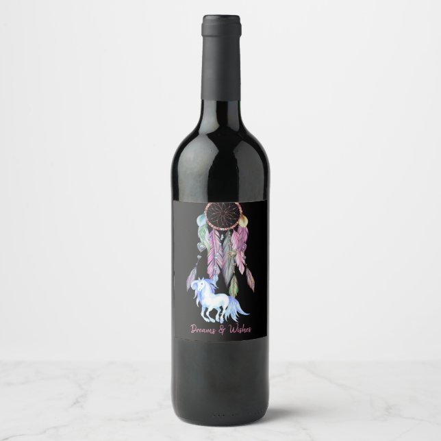 Pretty Horse and Dreamcatcher, Dreams & Wishes Wine Label (Front)