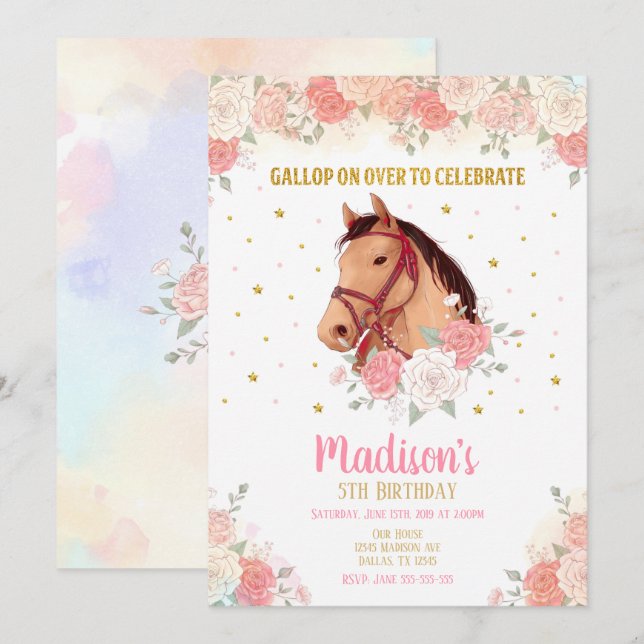 Pretty Horse and Flowers Birthday Invitation  (Front/Back)