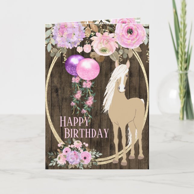 Pretty Horse and Flowers on Barnwood Birthday Card (Front)
