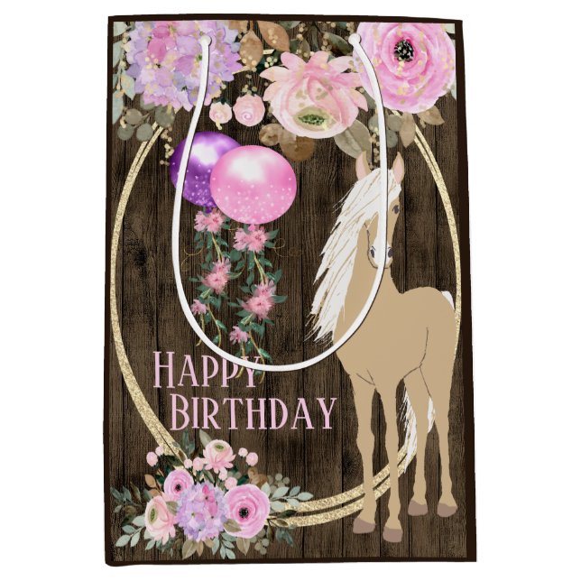 Pretty Horse and Flowers on Barnwood Birthday Medium Gift Bag (Front)