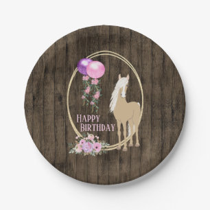 Pretty Horse and Flowers on Barnwood Birthday Paper Plate