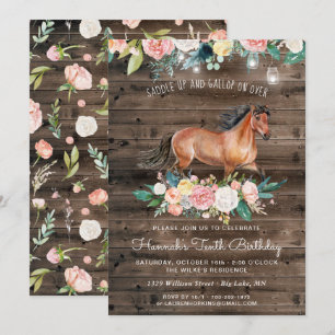 Pretty Horse and Flowers on Rustic Wood Birthday Invitation