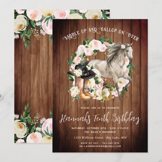 Pretty Horse and Flowers on Rustic Wood Birthday  Invitation (Front/Back)