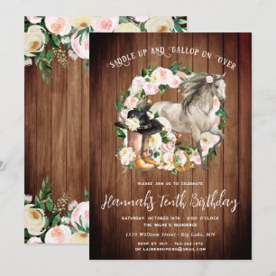 Pretty Horse and Flowers on Rustic Wood Birthday  Invitation