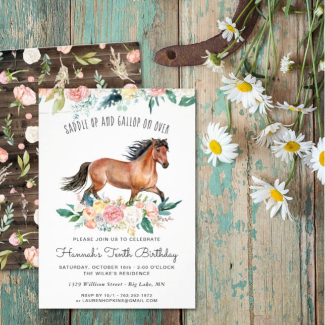 Pretty Horse and Flowers on Rustic Wood Birthday Invitation (Creator Uploaded)