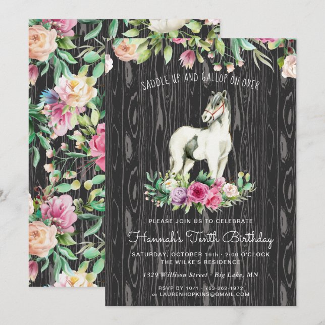 Pretty Horse and Flowers on Rustic Wood Birthday Invitation (Front/Back)