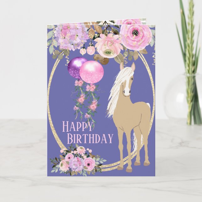 Pretty Horse and Flowers Pink Periwinkle Birthday Card (Front)
