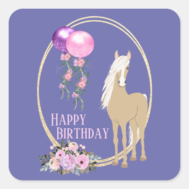 Pretty Horse and Flowers Pink Periwinkle Birthday Square Sticker (Front)