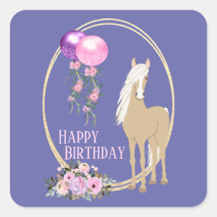 Pretty Horse and Flowers Pink Periwinkle Birthday Square Sticker