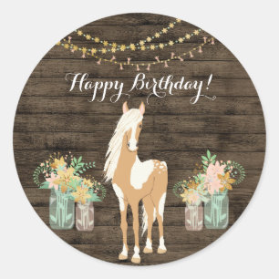 Pretty Horse and Flowers Rustic Wood Birthday Classic Round Sticker