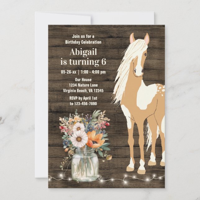 Pretty Horse and Flowers Rustic Wood Birthday Invitation (Front)