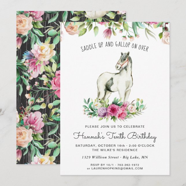 Pretty Horse and Flowers | Rustic Wood Birthday Invitation (Front/Back)
