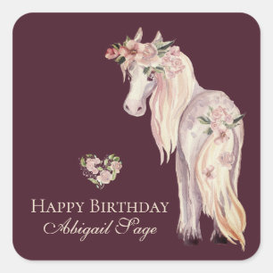 Pretty Horse and Flowers Vintage Pony Birthday Square Sticker