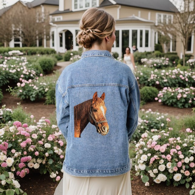 Pretty Horse Animal Equestrian Stables Girl Denim Jacket (Wedding Back)