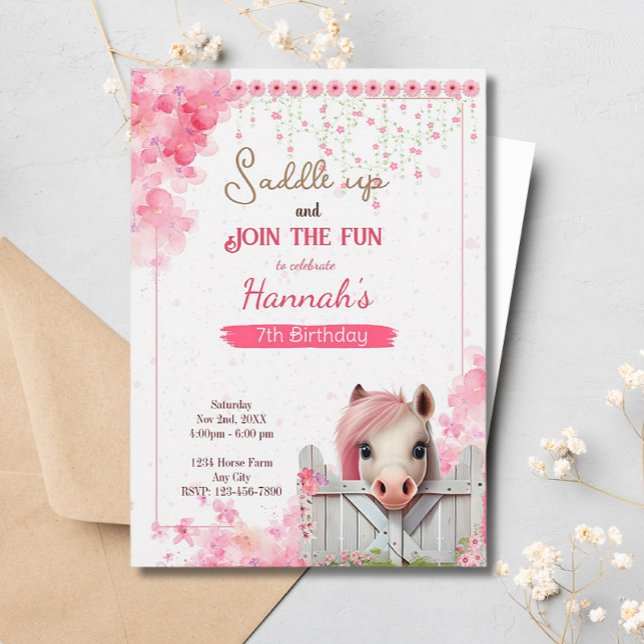 Pretty Horse Birthday Pink Floral Equestrian Farm Invitation (Creator Uploaded)