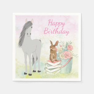 Pretty Horse, Bunny and Flowers Happy Birthday Napkin