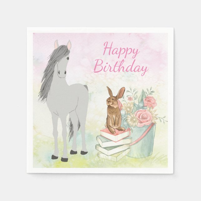 Pretty Horse, Bunny and Flowers Happy Birthday Napkin (Front)