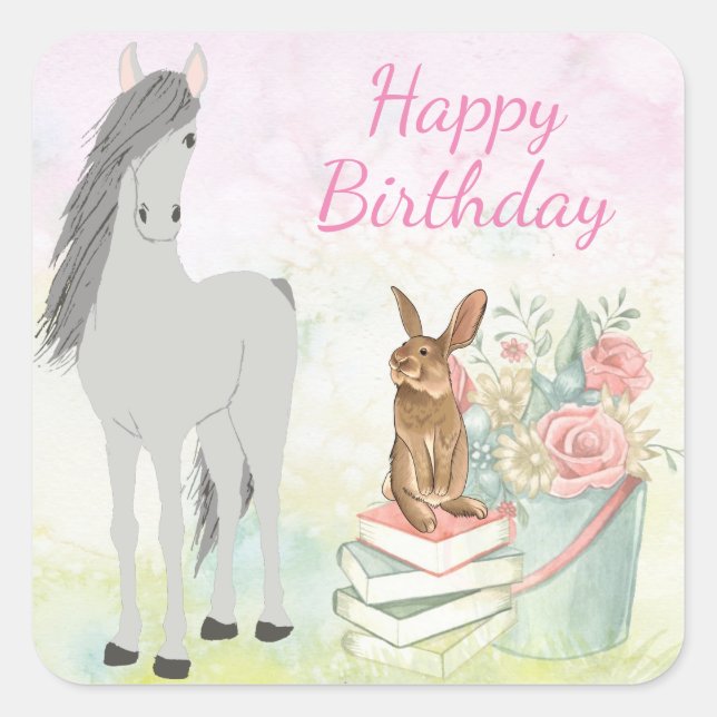 Pretty Horse, Bunny and Flowers Happy Birthday Square Sticker (Front)