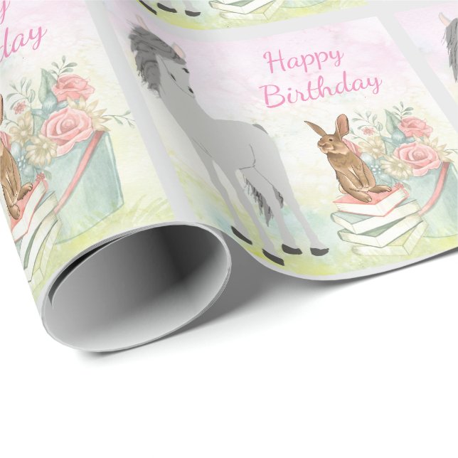 Pretty Horse, Bunny and Flowers Happy Birthday Wrapping Paper (Roll Corner)