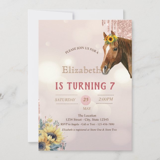Pretty Horse Glitter Drips Sunflowers  Birthday Invitation (Front)