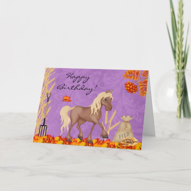 Pretty Horse in Autumn Leaves Happy Birthday Card (Front)