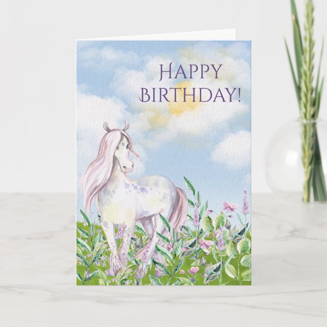 Pretty Horse in Field of Flowers Girl's Birthday Card (Front)