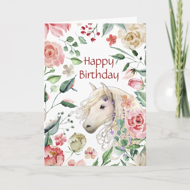 Pretty Horse in Rose Flower Garden Birthday Card (Front)