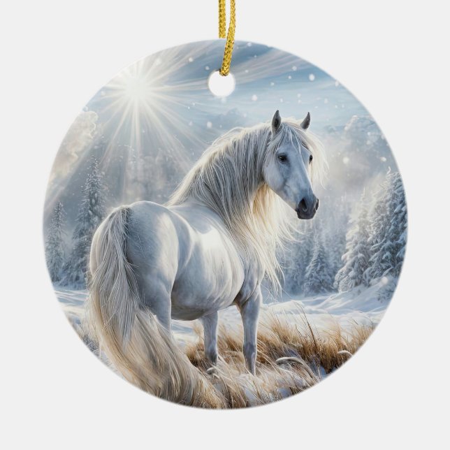 Pretty Horse in the Snow Christmas Holiday Ceramic Tree Decoration (Front)