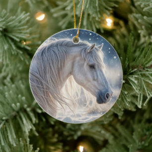 Pretty Horse in the Snow Seasons Greetings Holiday Ceramic Tree Decoration