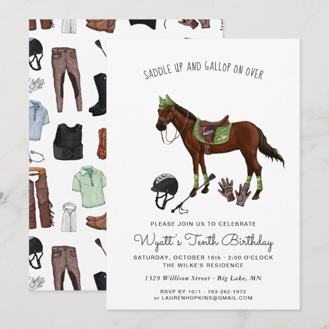 Pretty Horse Jockey Riding Birthday Party Invitation (Front/Back)