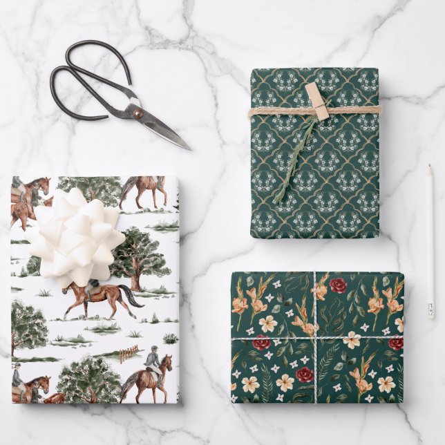 Pretty Horse Jockey Riding Birthday Wrapping Paper Sheet (Front)