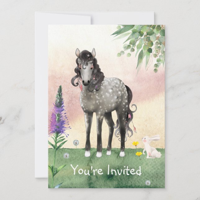 Pretty Horse Meadow with Spring Flowers Birthday Invitation (Front)