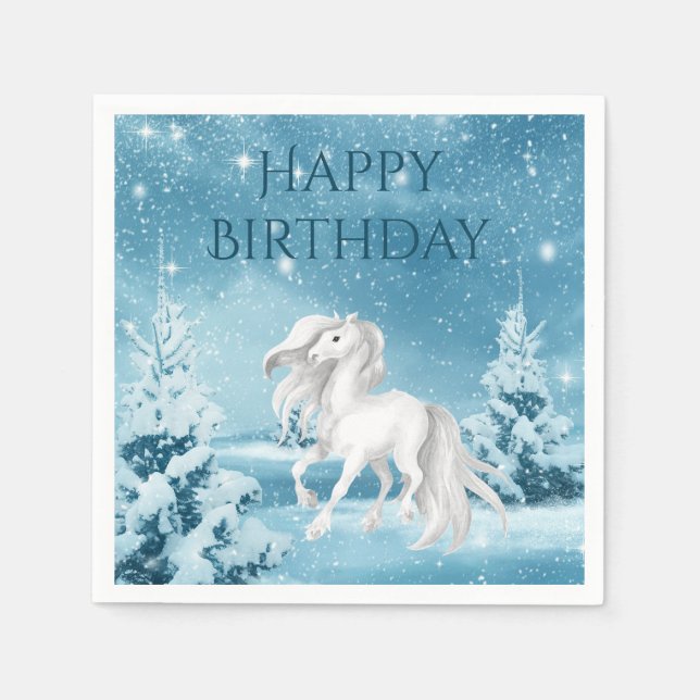 Pretty Horse on Snowy Winter Night Happy Birthday Napkin (Front)